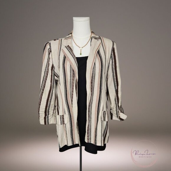 NYCC Linen Blend Striped Blazer Jacket M Roll Tab Sleeves - Picture 1 of 8